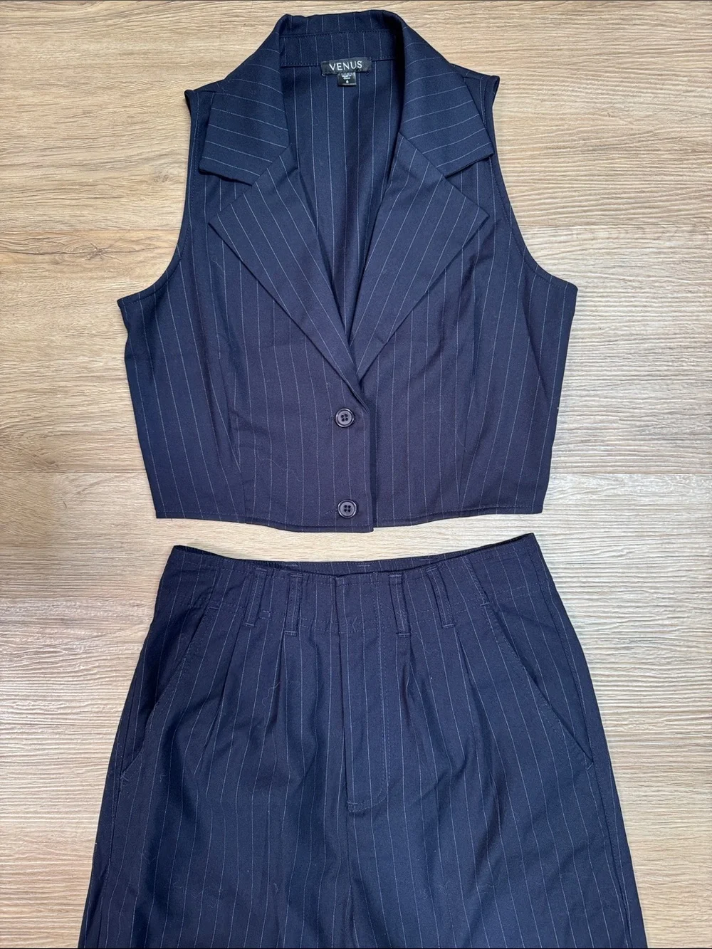 VENUS Navy Pinstripe Wide-Leg Pants with Matching Cropped Vest